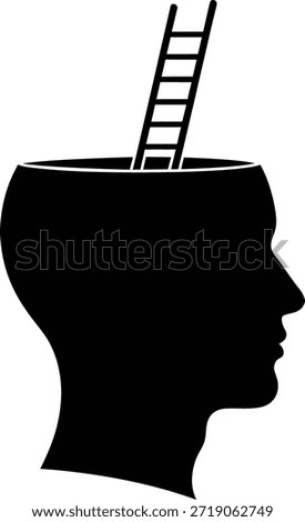 A conceptual graphic showing a ladder emerging from an open human head representing education, learning, personal development, and psychological progress in life. Vector illustration