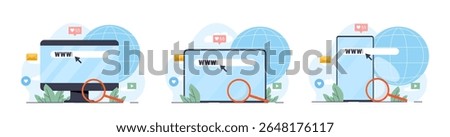 Conceptual graphic showing www search bars on desktop, laptop, and mobile devices with magnifying glass, digital icons, and globe in background. Vector illustration