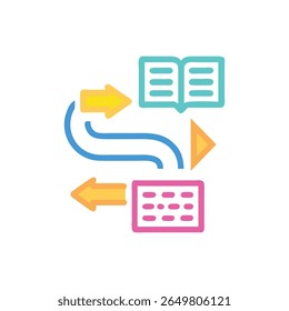 Conceptual graphic shows a transformation from database to document. Flat style with bright colors and black backdrop.