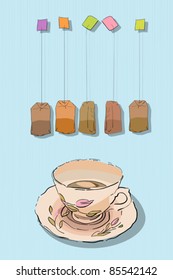 Conceptual graphic sketch with tea cup and bag. Afternoon tea.