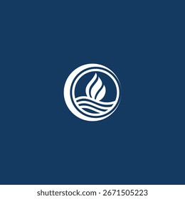 Konzeptuelles grafisches Symbol mit stilisierter Flamme über Wasserwellen Emblem