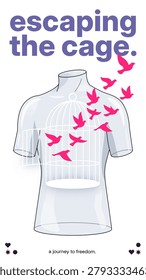 Conceptual graphic of a transparent human torso with pink birds flying out of an internal cage, symbolizing freedom, liberation, and escaping personal limitations.