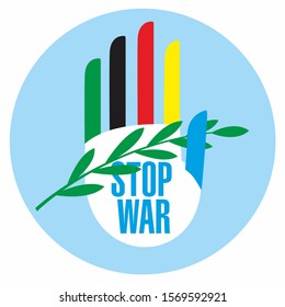 Conceptual graphics theme of the world against war. Hand holds an olive branch. Colored fingers allegory of continents. Inscription Stop War