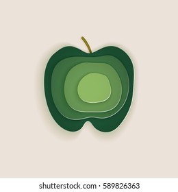 Conceptual green apple layered cut out colored paper.Paper art style.  For use as logos on cards, in printing, posters, invitations, web design and other purposes.