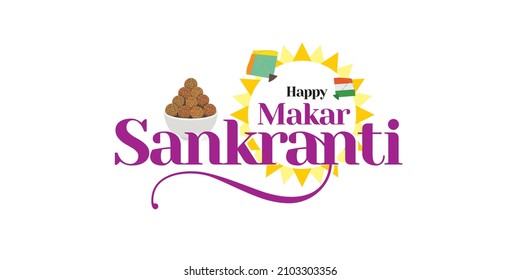Conceptual Greeting Card for Makar Sankranti, an Indian Festival. Editable Illustration of colorful Kites and Sesame Laddu in a Bowl.