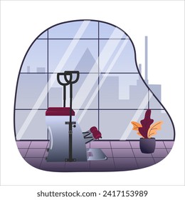 Conceptual gym. Back corrector for Pilates. In the background there are tall windows, through which one can see the city, the metropolis. Flowerpot with flowers. Vector illustration