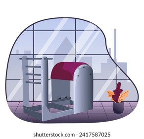 Conceptual gym. The barrel ladder is a Pilates machine.In the background there are tall windows, through which one can see the city, the metropolis. Flowerpot with flowers. Vector illustration