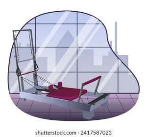 Conceptual gym. The Pilates Reformer is a Pilates trainer. In the background there are tall windows, through which one can see the city, the metropolis. Flowerpot with flowers. Vector illustration