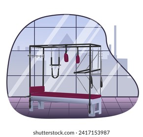 Conceptual gym. Trapezoidal table - Pilates simulator. In the background there are tall windows, through which one can see the city, the metropolis. Flowerpot with flowers. Vector illustration