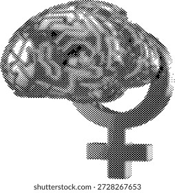 Ilustração de meio-tom conceitual simbolizando a profunda conexão entre a mente feminina e a capacidade intelectual, retratando um cérebro entrelaçado com o ícone de gênero feminino universal