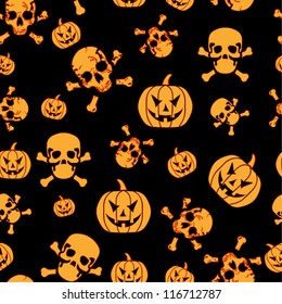 Conceptual Halloween seamless horror pattern with pumpkin, skull, bats. Vector Illustration.