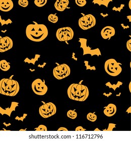 Conceptual Halloween seamless horror pattern with pumpkin, skull, bats. Vector Illustration.