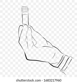 Vector de esbozo de dibujo de mano conceptual, con la mano del médico sujetando el tubo de ensayo de plástico, en el fondo de efecto transparente
