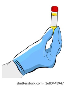 Vector de esbozo de dibujo manual conceptual, con la mano del médico sujeta el tubo de ensayo de plástico, aislado en blanco
