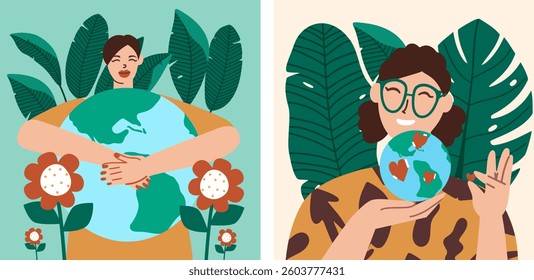 Conceptual hand drawn vector illustration for earth day and support of environmental sustainability. Two women holding the earth in their hands and taking care of it with love. Eco-friendly cards.