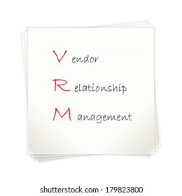 Conceptual hand drawn VRM acronym written on piece of paper. Vendor relationship management.