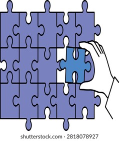 Conceptual hand placing the final missing piece of a jigsaw puzzle with solution connection complete strategy business teamwork integration decisions achievement challenge cooperation