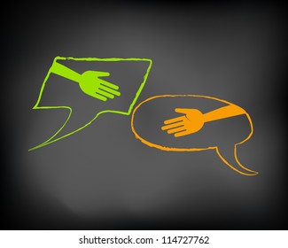 Conceptual hand shake slide with abstract bubbles communication on black chalkboard and chalk. Presentation template. Vector Illustration.