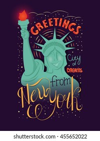 Conceptual handwritten calligraphic design. Inspirational vector typography "Greetings from New York city of dreams" .