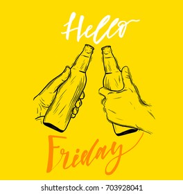 Conceptual handwritten phrase Hello friday. Hand drawn tee graphic. Typographic print poster. T shirt hand lettered calligraphic design. Vector illustration.