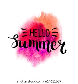 Conceptual handwritten phrase Hello Summer on abstract multicolored watercolor splash. Hand drawn tee graphic. Lettering design. Vector illustration
