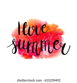 Conceptual handwritten phrase I love summer on abstract multicolored watercolor splash. T shirt hand lettered calligraphic design. Vector illustration