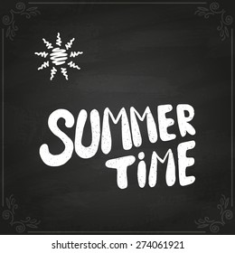 Conceptual handwritten phrase Summer time with sun. Hand drawn tee graphic. Typographic print poster. T shirt hand lettered calligraphic design. Vector illustration.on chalkboard