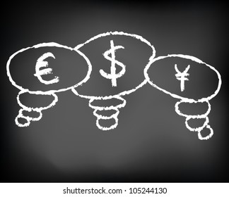 Conceptual handwritten white text chalk on black chalkboard. euro, dollar, yuan symbol debate. Vector Illustration.