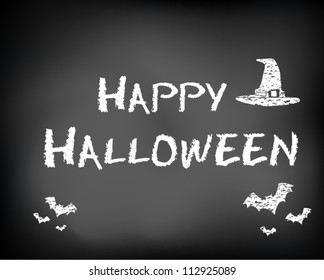 Conceptual happy Halloween ad on black chalkboard. slide concept. Vector Illustration.