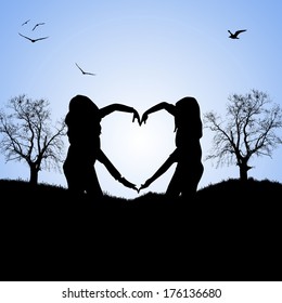 Conceptual heart shape or symbol made of human on blue sky