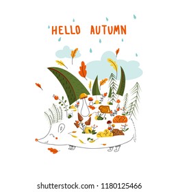 Conceptual hello autumn vector illustration of hedgehog with autumn forest, mushrooms, leaves, berries, plants and hand lettering on white background