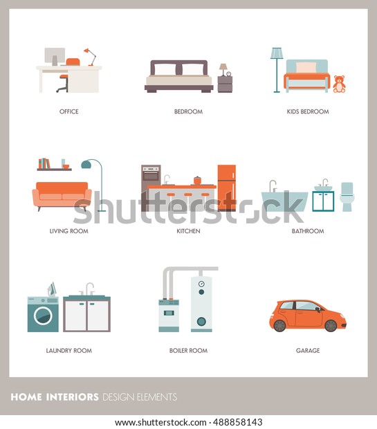 Conceptual home room interiors with objects and
furnishings: office, bedroom, bathroom, living room, kitchen,
garage, laundry and boiler
room