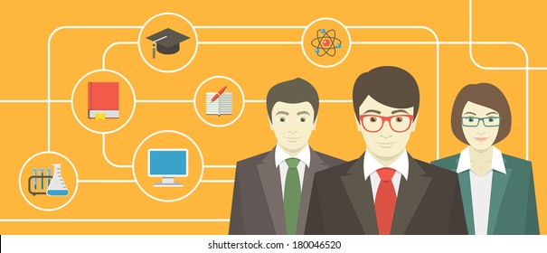 Conceptual horizontal banner of a teaching staff with education icons