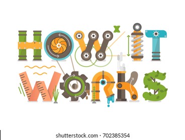 Conceptual How it Works Vector Illustration. 
Illustration Consists of Gears, Springs, Pipes, Turbine, Plants, Screws, Bolts and Other Mechanical Elements.