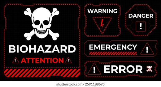Conceptual HUD danger zone layout featuring red warning frames and futuristic alert elements. High-quality vector illustration perfect for print and digital interfaces, including caution signs