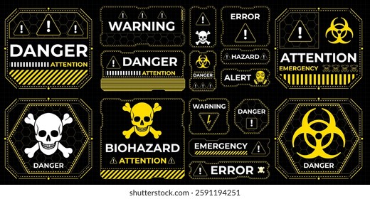 Conceptual HUD danger zone layout featuring red warning frames and futuristic alert elements. High-quality vector illustration perfect for print and digital interfaces, including caution signs, attent