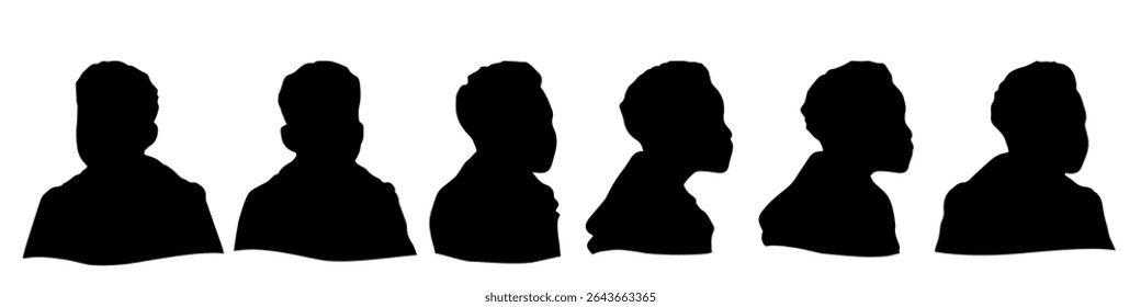 Cabeça humana conceitual isolada sobre fundo branco como avatar abstrato como um conjunto ou coleção de banner para o conceito de design social. Captura de cabeça de rostos anônimos em close-up humano para ilustração de personagem humano