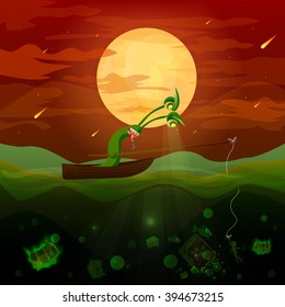 Conceptual, humorous illustration on the theme of ecology. In a world poisoned by toxic waste and radiation, green monster fishes on the human.