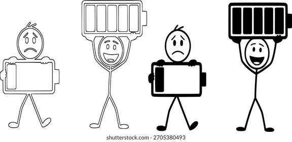 Um conjunto de ícones vetoriais conceitual e bem-humorado com um personagem de figura de palitos interagindo com ícones de bateria para simbolizar os níveis de energia