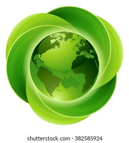 Conceptual icon of circular green intertwined leaves around a globe or planet earth. 