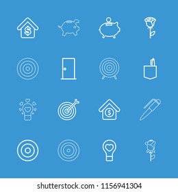 Conceptual icon. collection of 16 conceptual outline icons such as door, office room, rose, target, bulb heart, buying a house. editable conceptual icons for web and mobile.