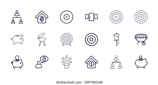 Conceptual icon. collection of 18 conceptual outline icons such as piggy bank, target, structure, bbq, buying a house. editable conceptual icons for web and mobile.