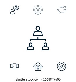 Conceptual icon. collection of 7 conceptual outline icons such as target, structure, buying a house, door. editable conceptual icons for web and mobile.