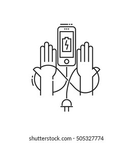 Conceptual icon dependence of the charging smartphone. Smartphone battery charge limits of human possibilities