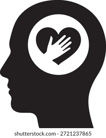Konzeptionelles Symbol, das eine menschliche Kopfsilhouette mit einer Hand darstellt, die ein inneres Herz tröstet und die psychische Gesundheit und Empathie repräsentiert.