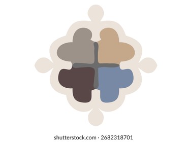 Conceptual icon of four interlocking heart puzzle pieces symbolizing community, diversity, and teamwork in a unified design