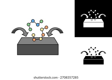 Conceptual icon illustrating the scientific process of molecular input, output, or transformation on a platform, symbolizing chemical analysis, data management, or biological research