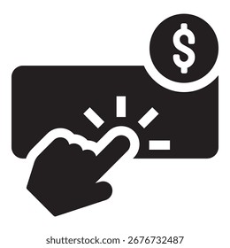 Ícone conceitual de PPC, pay-per-click, cost-per-click e publicidade digital. Ilustração vetorial preenchida representando campanhas on-line, monetização do site, engajamento do usuário e tráfego pago.