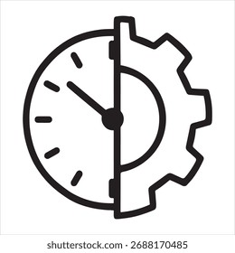 Ícone conceitual que representa a interseção da gestão do tempo e da eficiência mecânica com a face do relógio e o mecanismo de engrenagens