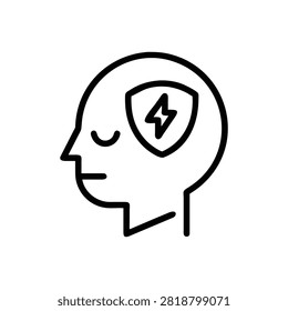 Conceptual icon representing mental resilience and inner power. A simplified human profile housing a protective shield with lightning strike signifies psychological fortitude ideal for wellness campaigns.